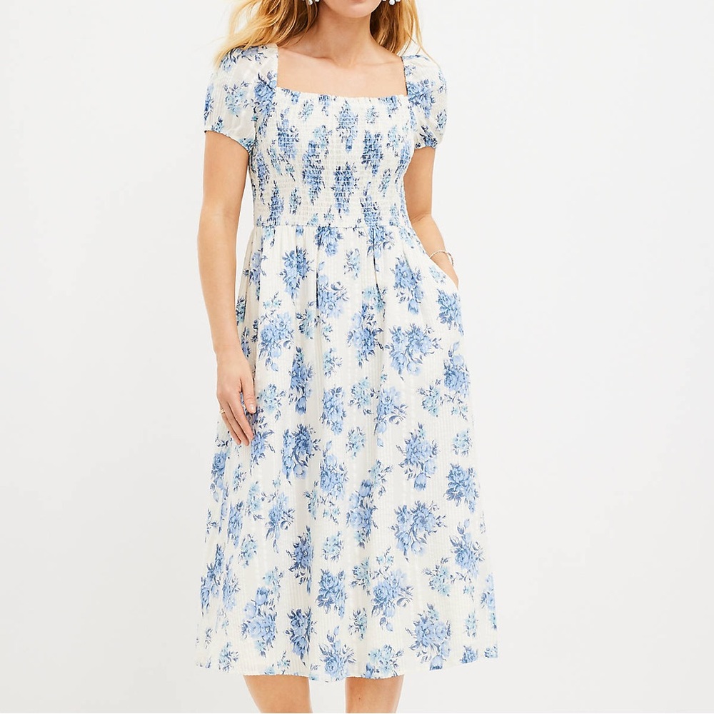 LOFT Floral Smocked Puff Sleeve Midi Pocket Dress